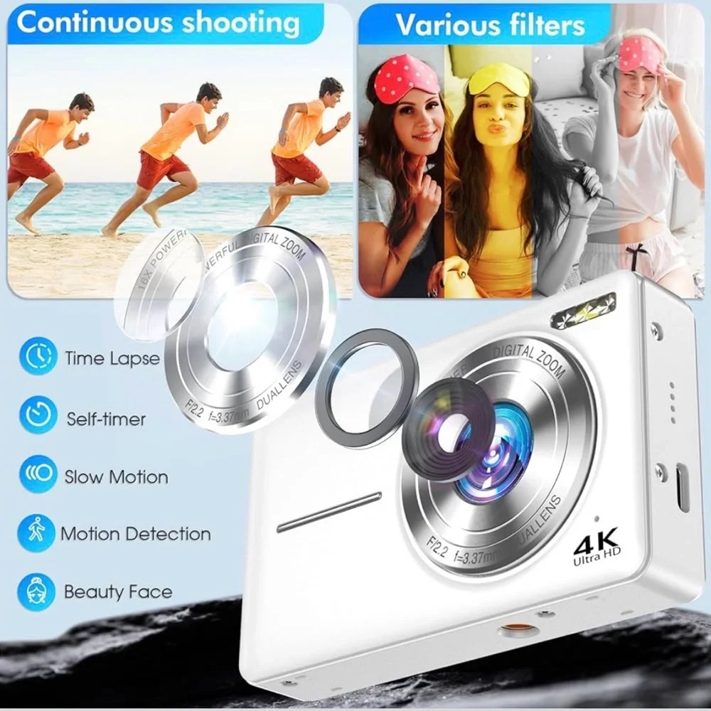White 4K Compact Digital Camera with LCD Display